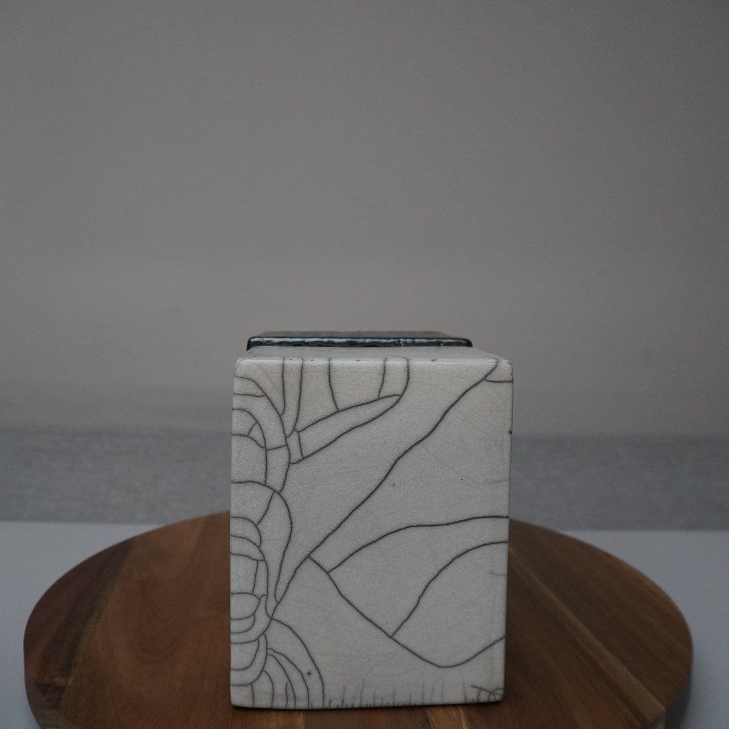 Horizontal, White Crackled Vessel with Silver Lid (SKU:24040120)